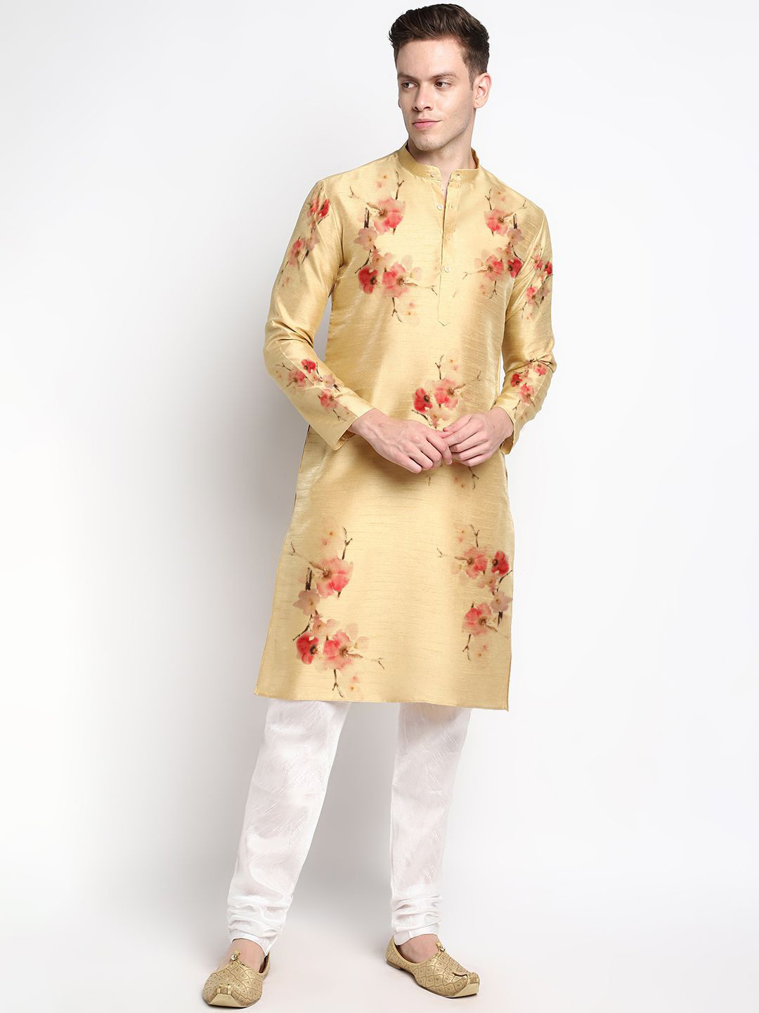DEVOILER Beige Floral Printed Mandarin Collar Long Sleeves Straight Silk Kurta