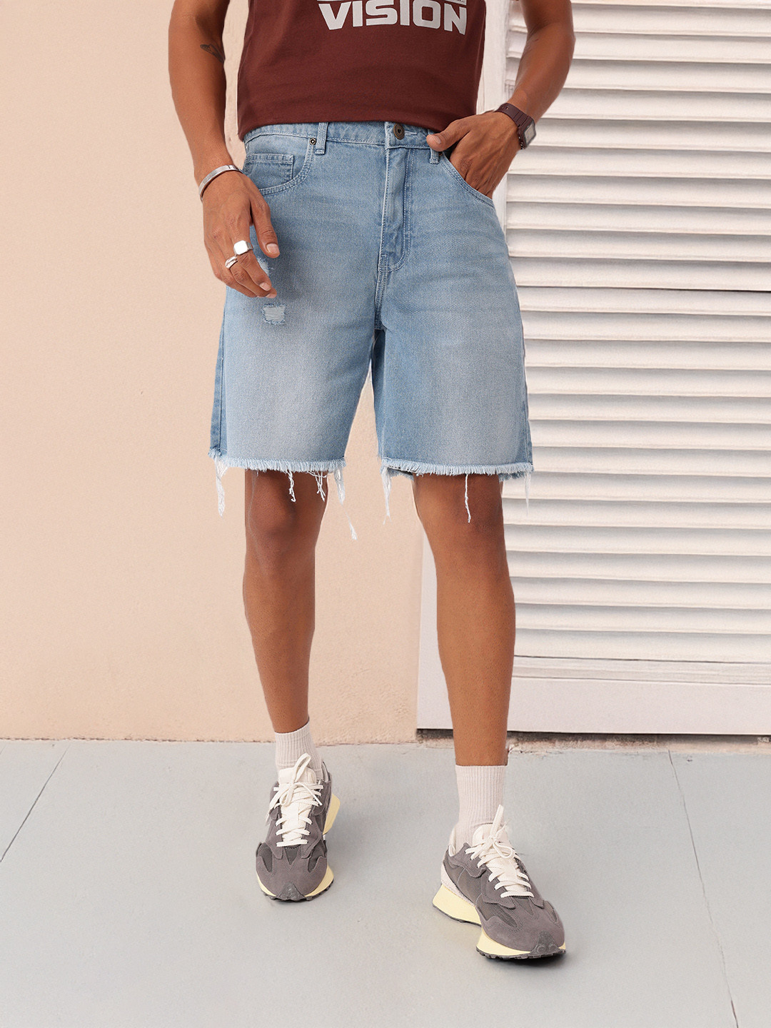 Kook N Keech Men Grunge Bermuda Fit Ripped Light Faded Frayed Denim Shorts