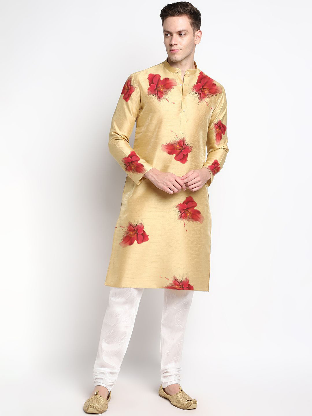 DEVOILER Beige Floral Printed Mandarin Collar Long Sleeves Straight Silk Kurta