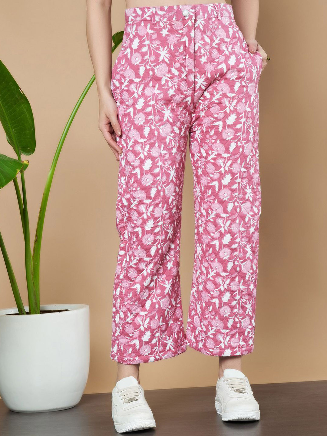 KALINI Women Floral Printed Relaxed High-Rise Coated Cotton Trouser