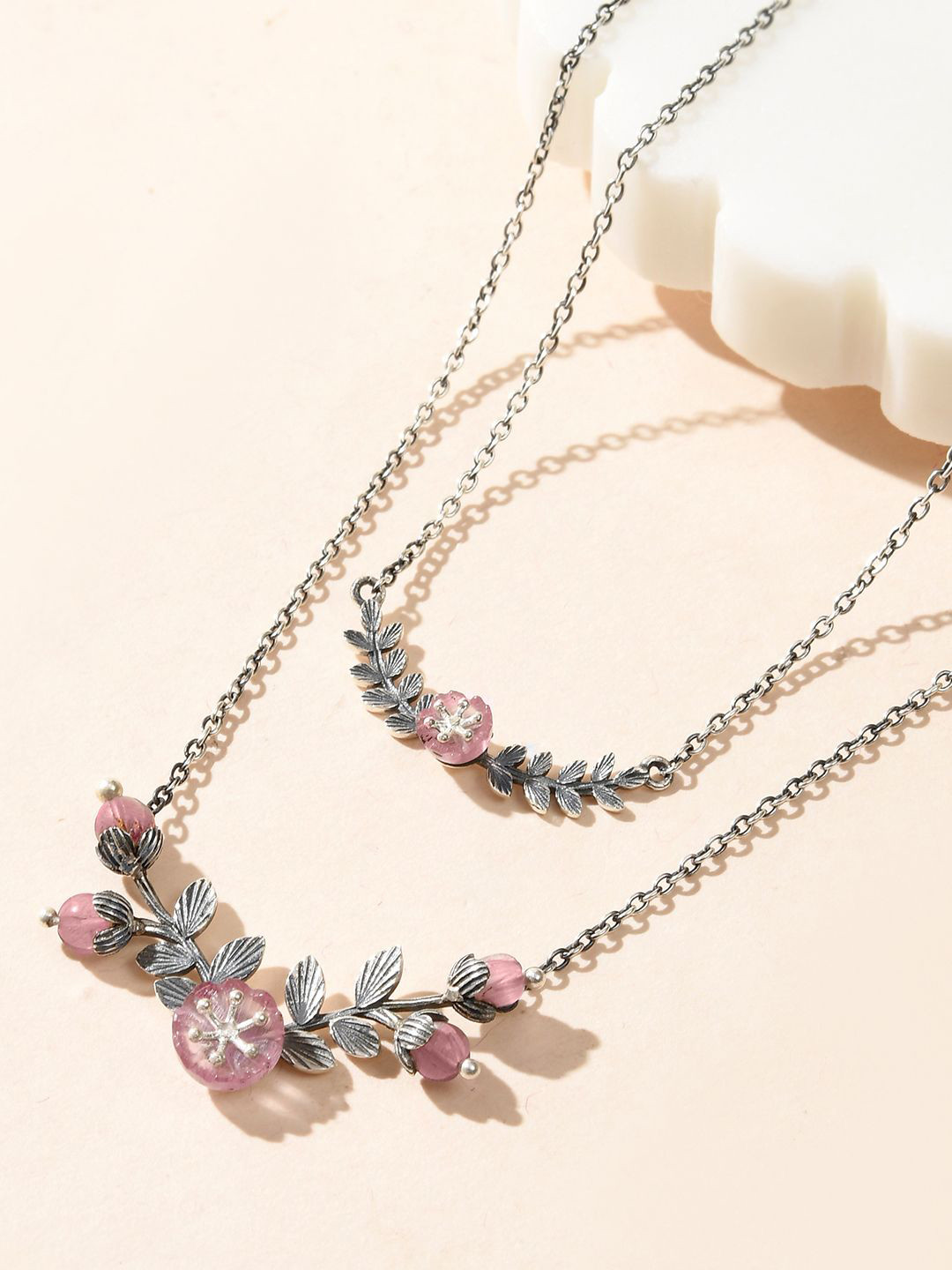 Studio Voylla 925 Sterling Silver Rhodium-Plated Sakura Layered Oxidised Beaded Necklace