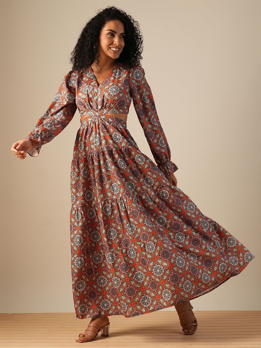 Globus V-Neck Bishop Sleeves Ethnic Printed Cut-Out Detail Fit & Flare Fusion Maxi Dress
