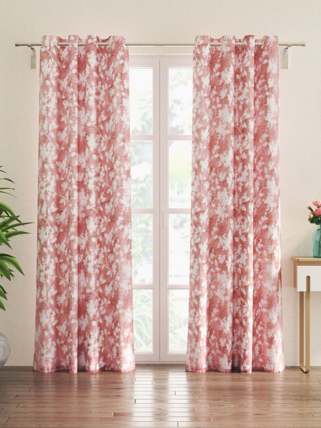 Home Centre Red & White 2 Pieces Floral Sheer Door Curtain