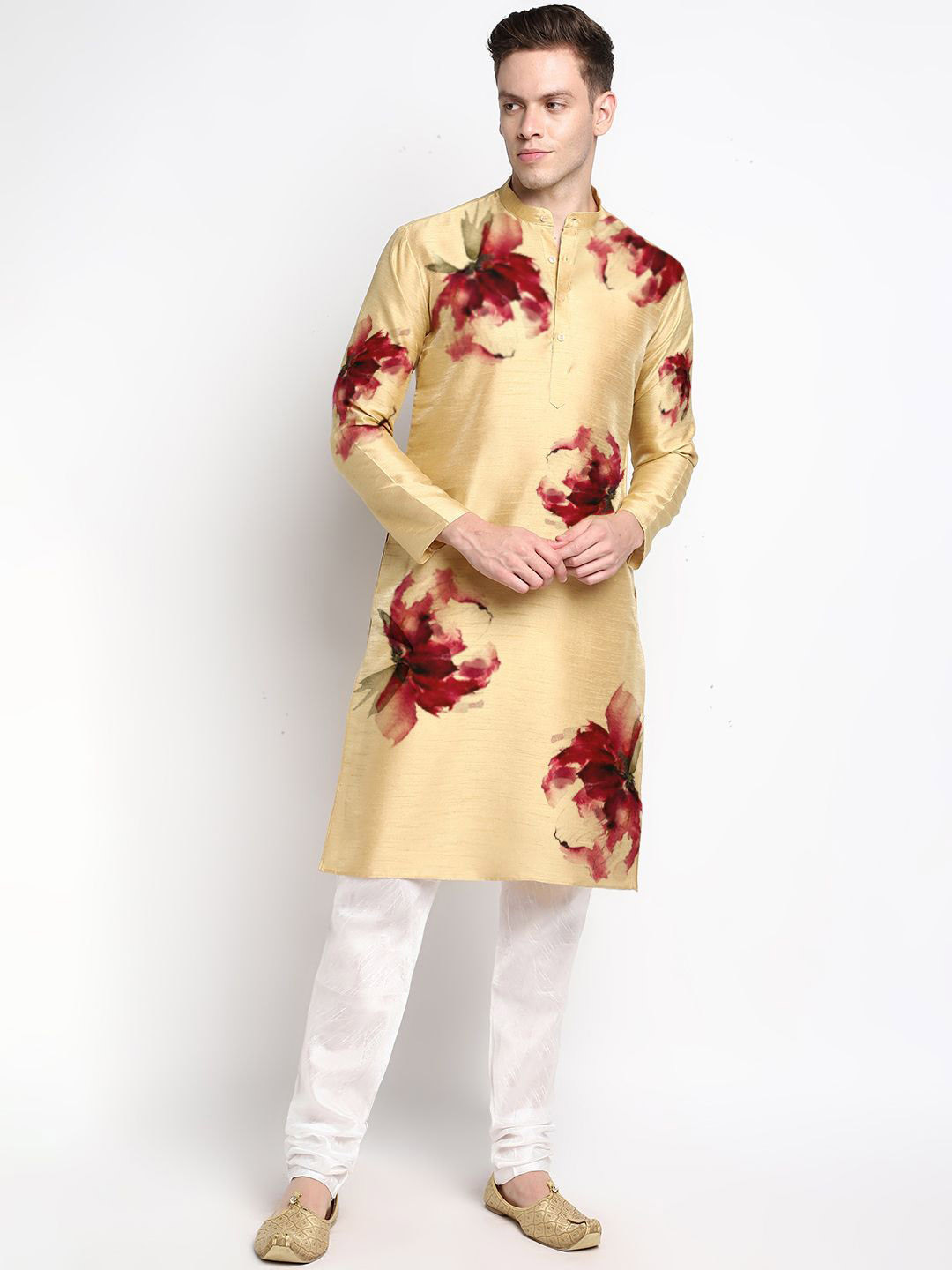 DEVOILER Beige Floral Printed Mandarin Collar Long Sleeves Straight Silk Kurta