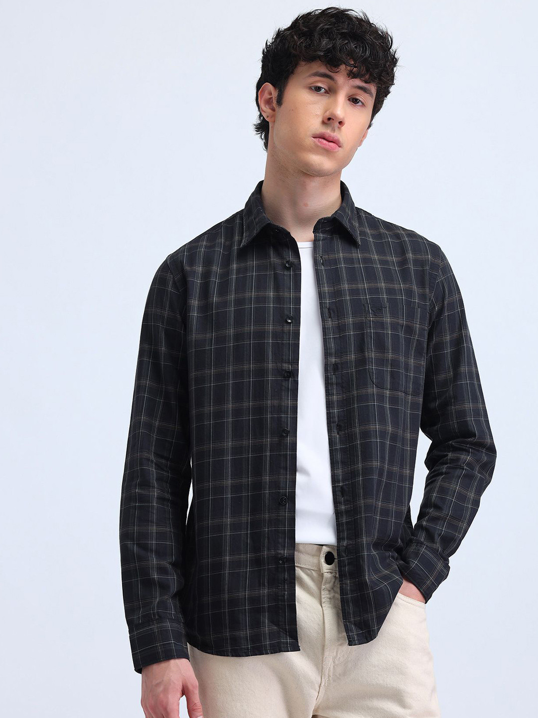 Flying Machine Men Manhattan Spread Collar Tartan Checked Cotton Slim Fit Casual Shirt