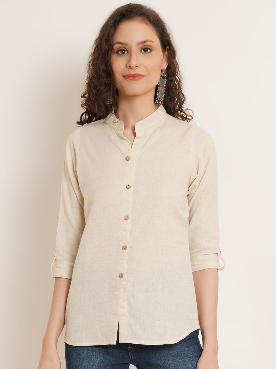 Brownverse Women Mandarin Collar Cotton Top