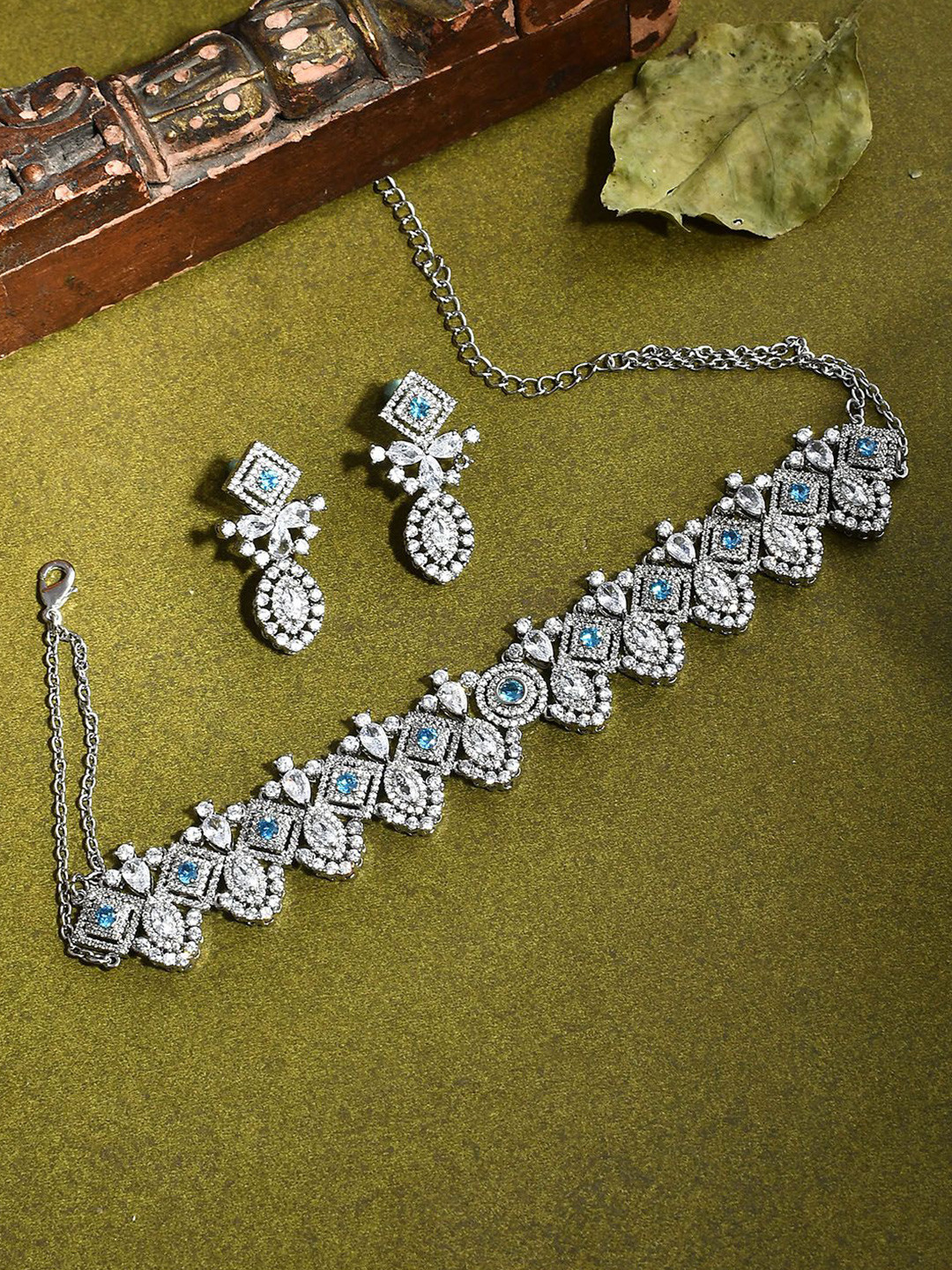 Voylla Tuhina Rhodium-Plated American Diamond Studded & Beaded Jewellery Set