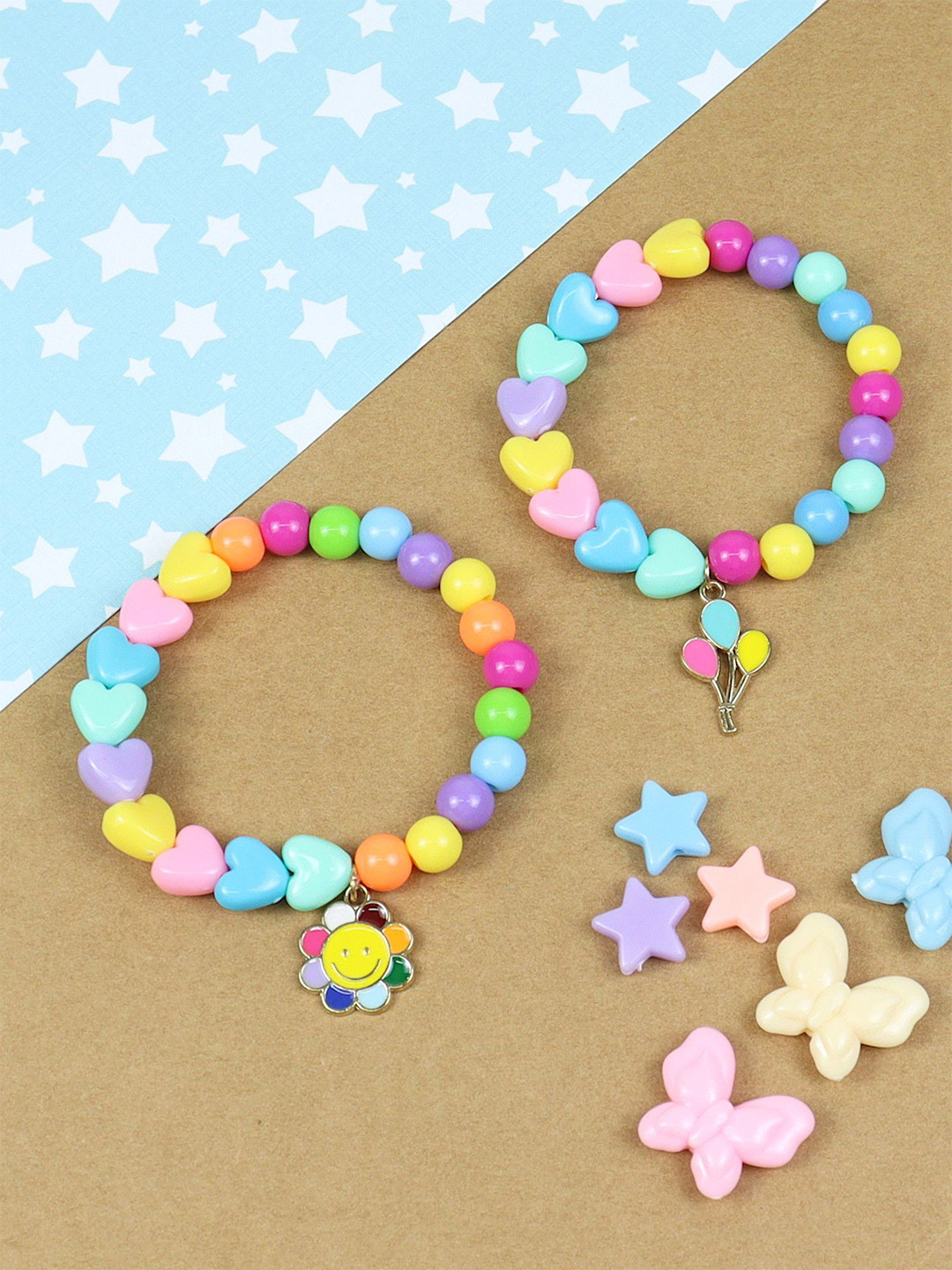 Asthetika Kids Girls Set of 2 Beaded Smiling Flower Balloon Charm Elasticated Bracelets