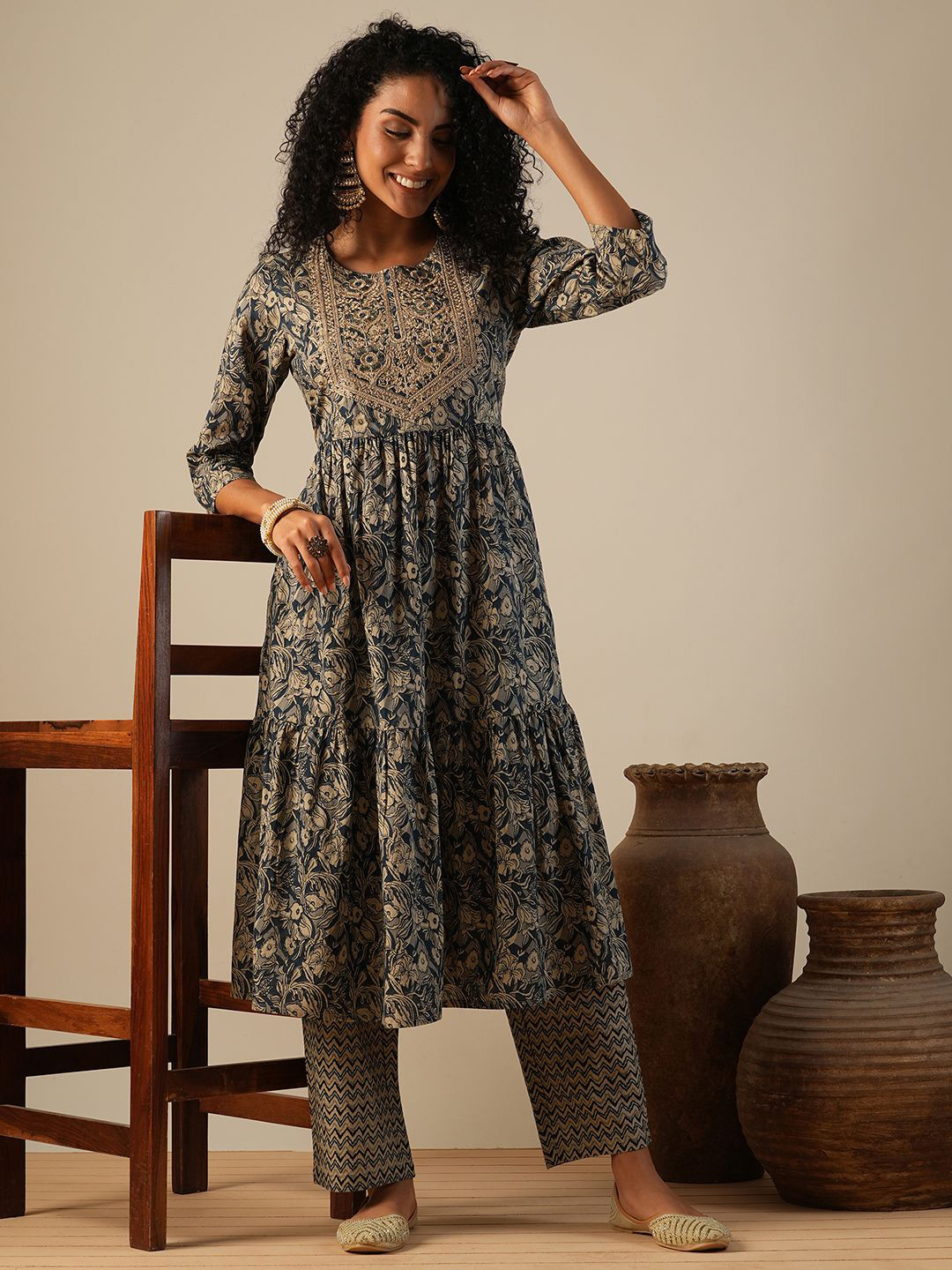 Globus Embroidered Yoke Floral Print A-Line Kurta With Chevron Print Pants Workwear Set