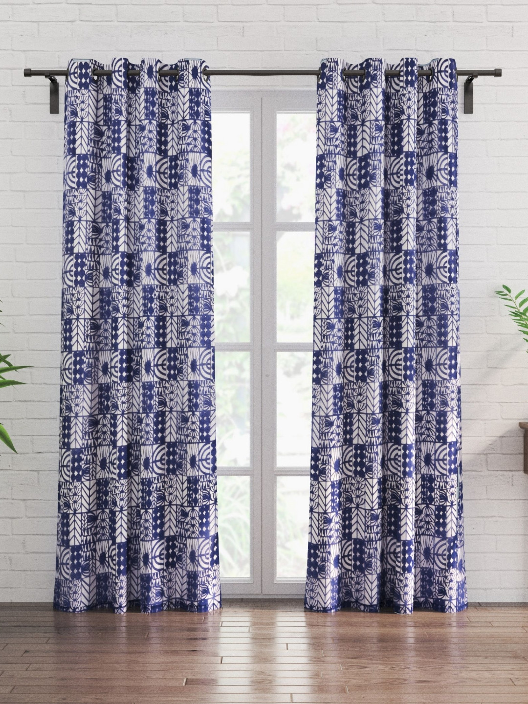 Home Centre Blue & White Pieces Geometric Sheer Door Curtain