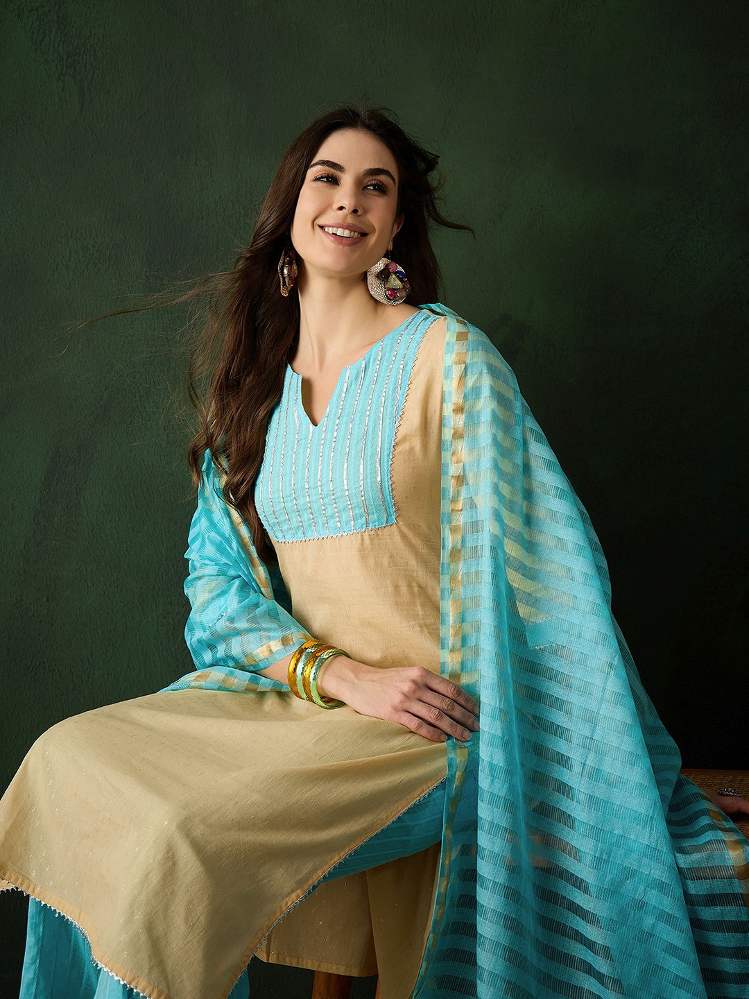 Sangria Beige and Blue Yoke Design Notch Neck Straight Kurta with Trouser and Dupatta