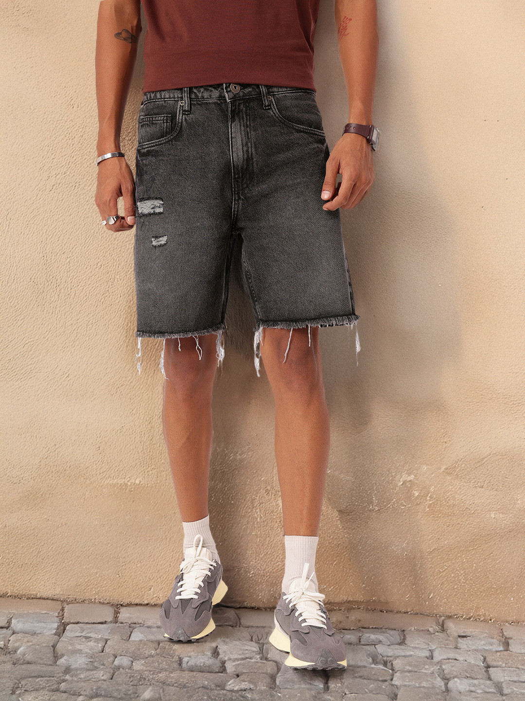 Kook N Keech Men Bermuda Fit Ripped Light Faded Frayed Denim Shorts