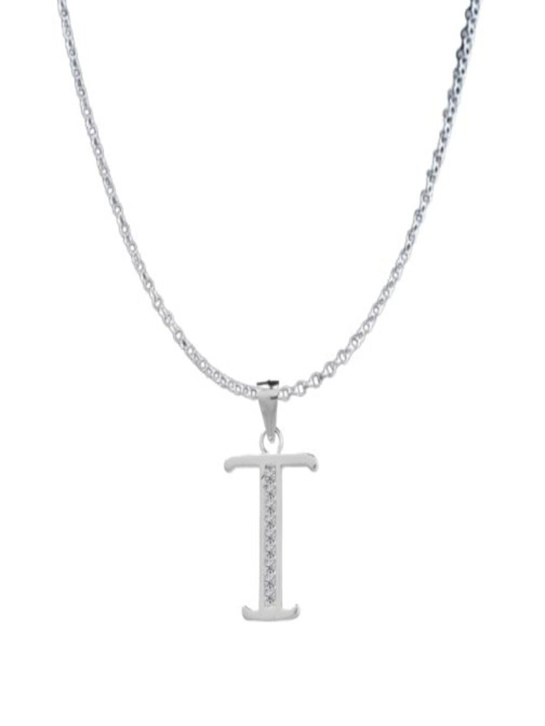 Paavni 925 Sterling Silver Rhodium-Plated Cubic Zirconia Alphabet T Contemporary Pendant