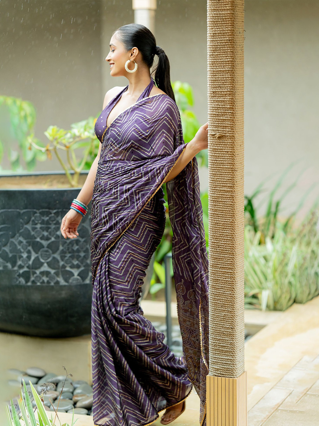 KALINI  FASHION Women Purple Leheriya Poly Chiffon Saree With Blouse Piece