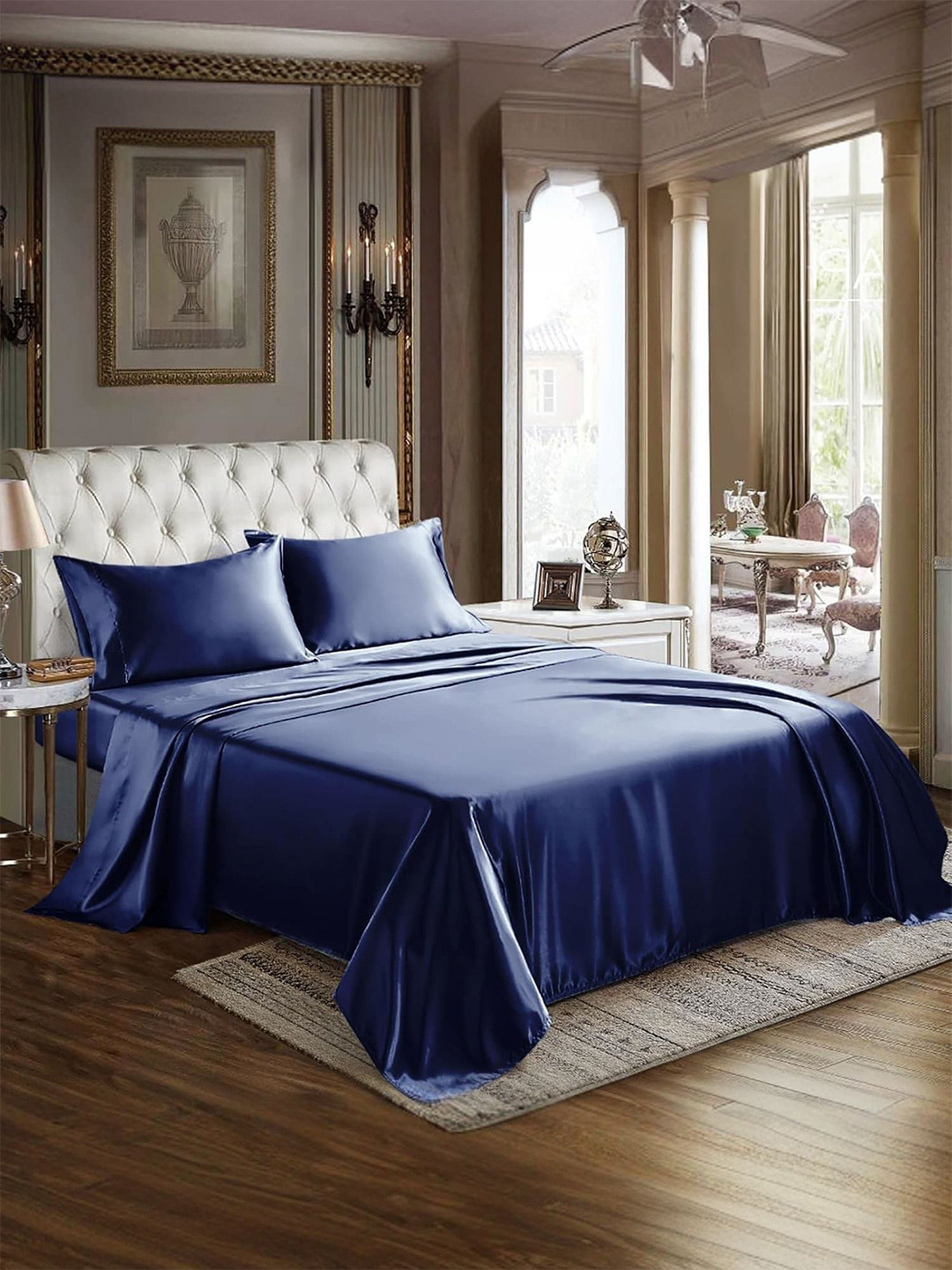 MUSH Luxurious Navy Blue Poly Satin Skin-Friendly 400 TC King Superfine Bedsheet with 2 Pillow Covers-108 x 108 inches