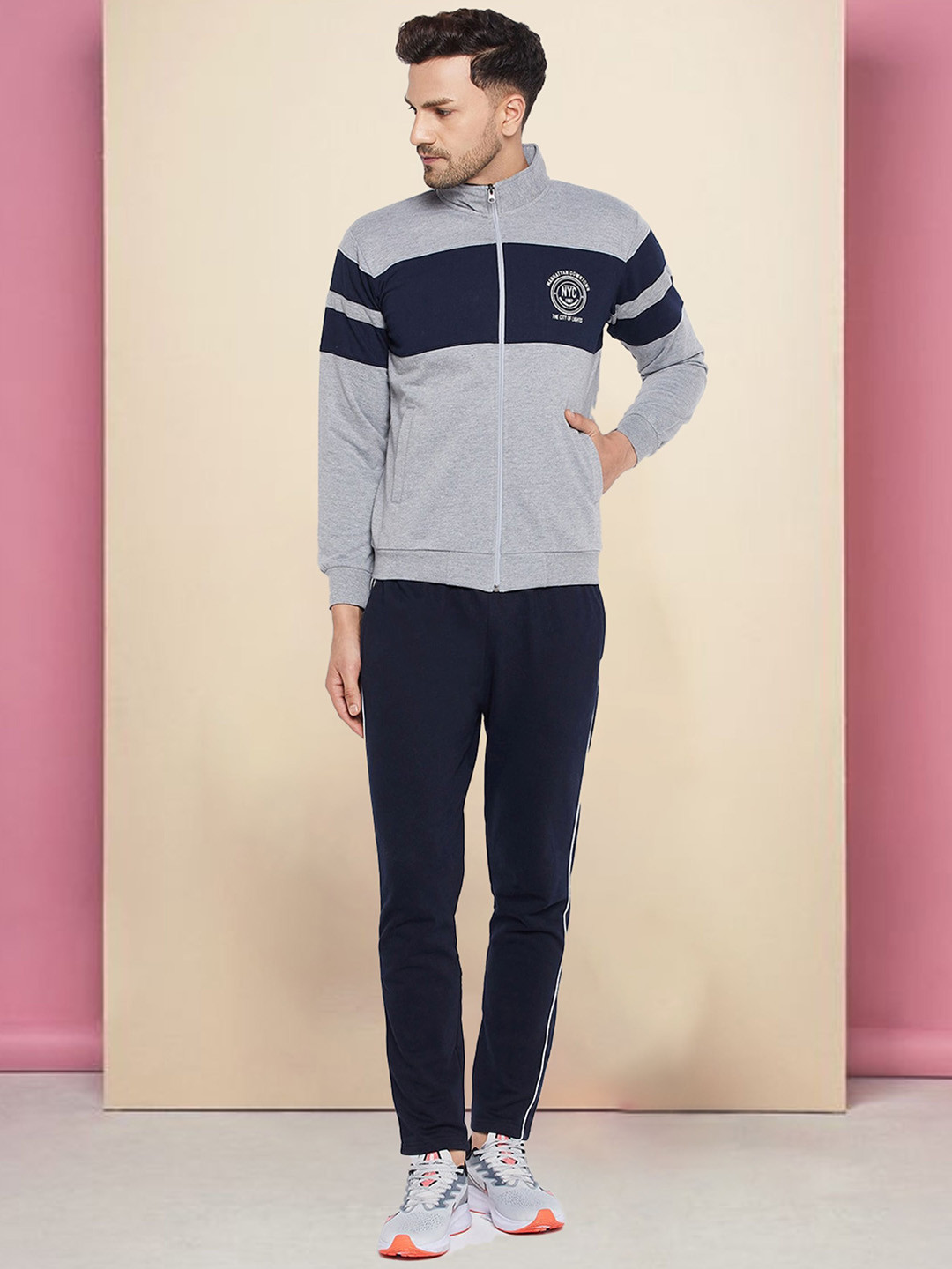 WILD WEST Men Colorblocked Mock Collar Casual Cotton Mid-Rise Tracksuits