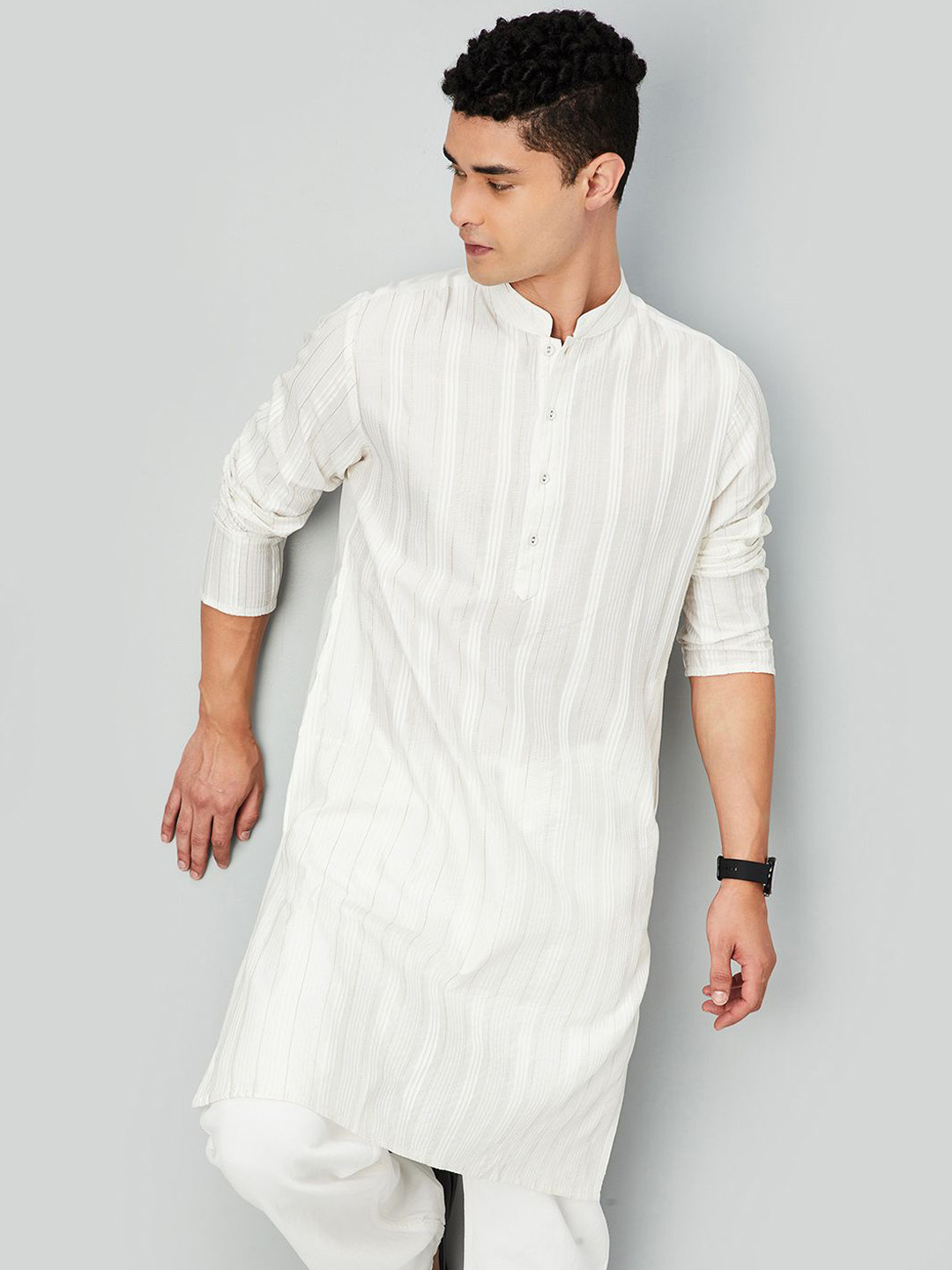 max Striped  Mandarin Collar White Romance Straight Kurta
