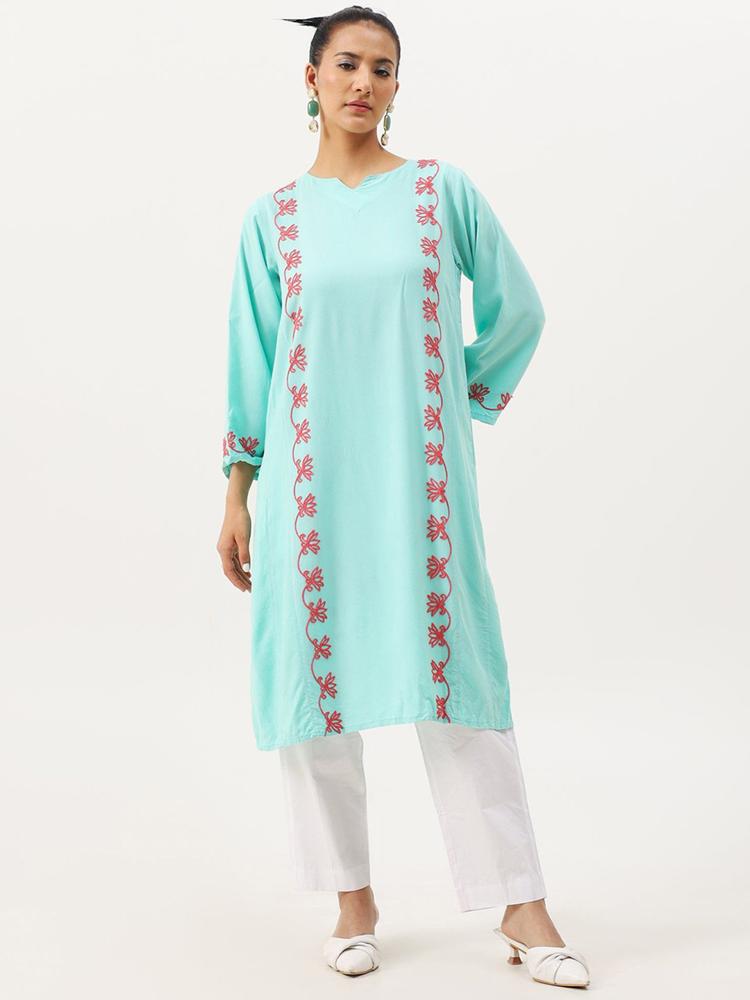 Kashmir Box Kashmiri Hand Embroidered Pastel Blue Cotton Kurta Set