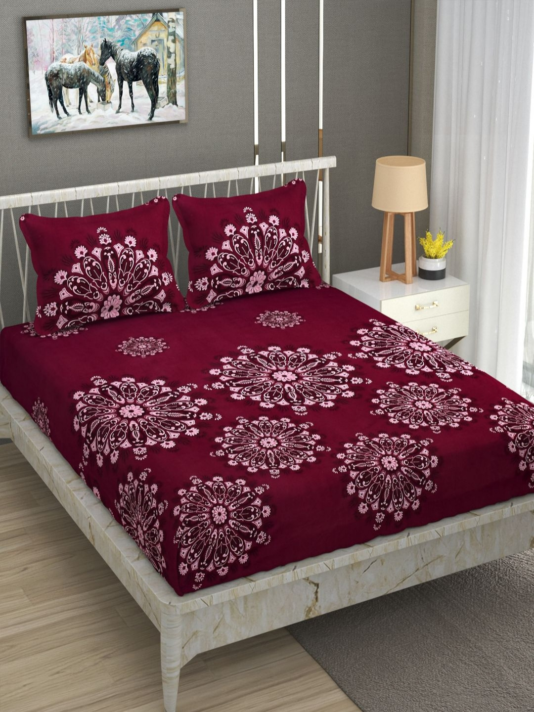 AVI Mulberry Maroon Floral Cotton 180 TC Queen Fine Bedsheet with 2 Pillow Covers-100 x 90 inches