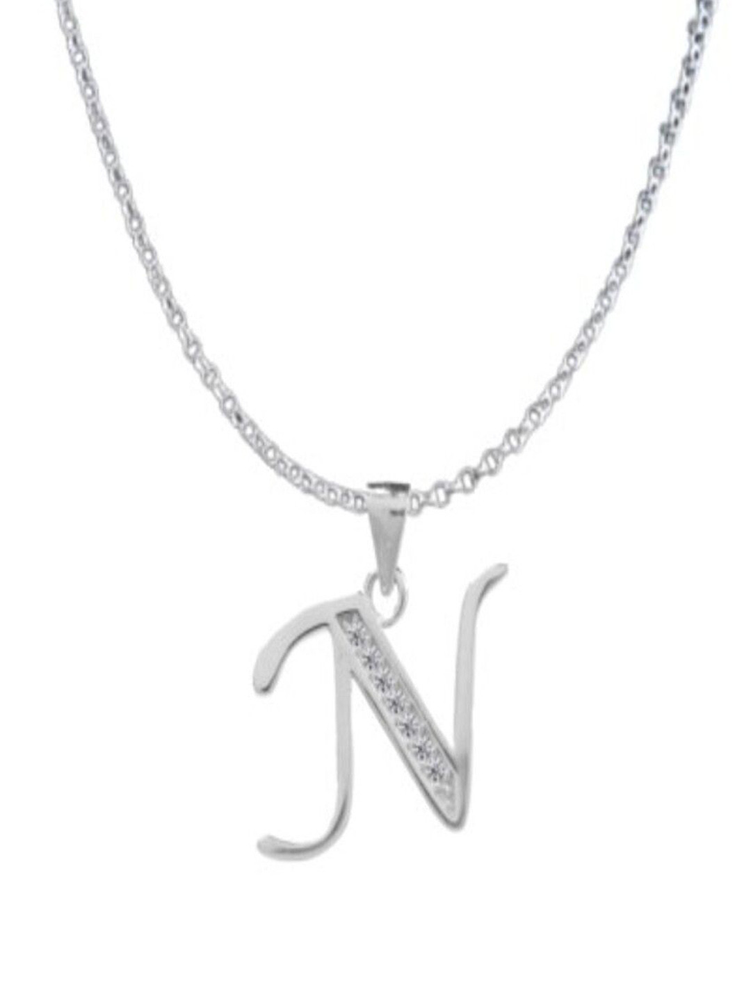 Paavni 925 Sterling Silver Rhodium-Plated Cubic Zirconia Alphabet N Contemporary Pendant