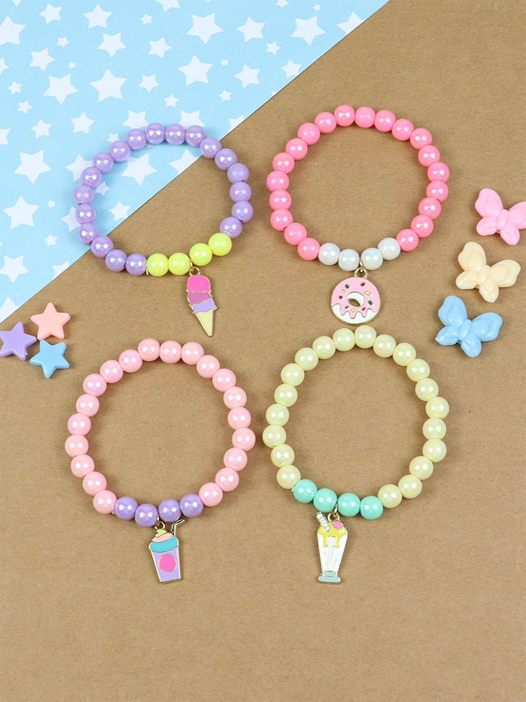 Asthetika Kids Girls Set of 4 Ice-Cream Donut Charm Beaded Elasticated Bracelets