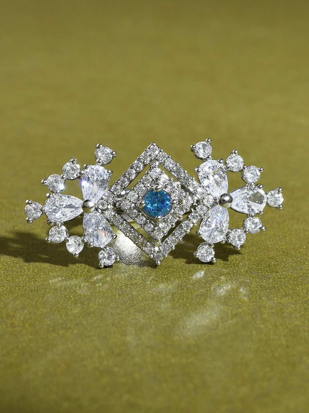 Voylla Aqua Rhodium-Plated American Diamond Studded Adjustable Finger Ring