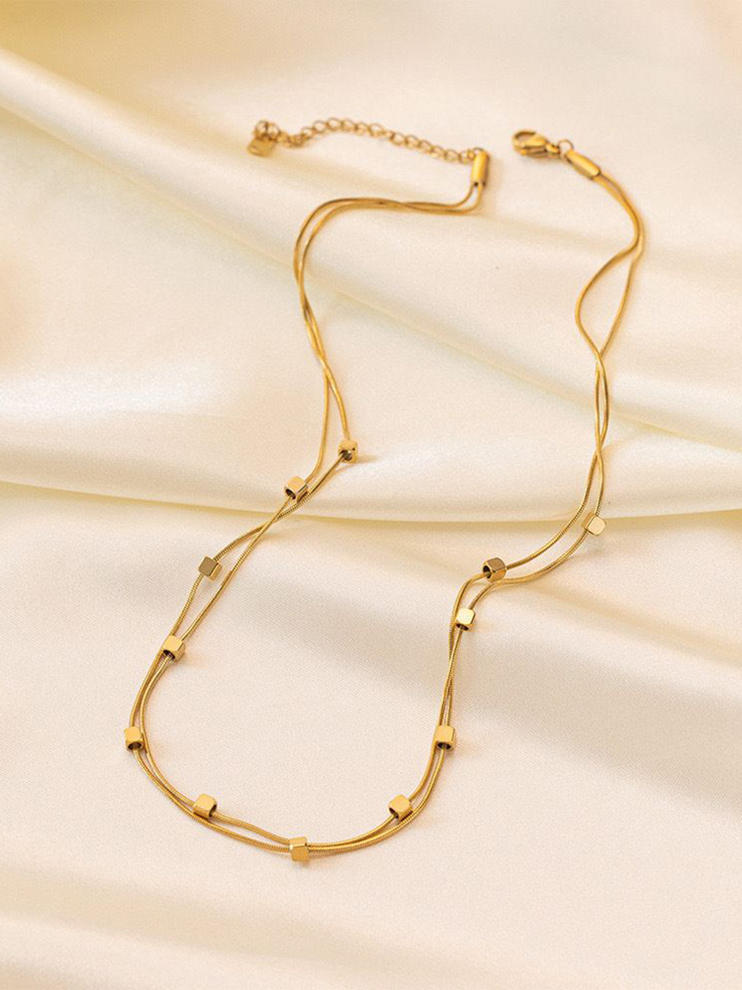 MYKI Gold-Plated Stainless Steel Elegant Dual-Layered Cube Accents Statement Necklace