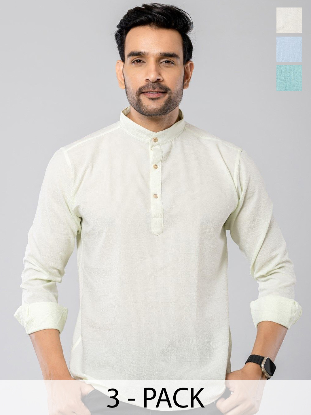 Aanys Culture Selection of 3 Mandarin Collar Long Sleeves Straight Short Kurtas