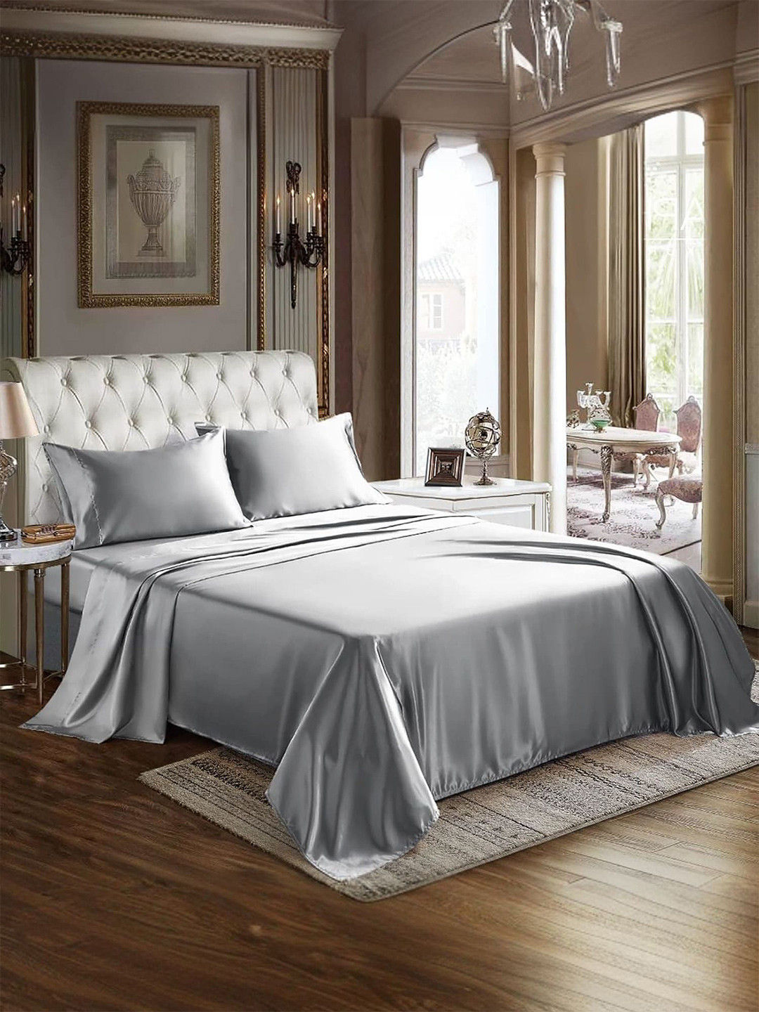 MUSH Luxurious Grey Satin Skin-Friendly 400 TC King Superfine Bedsheet with 2 Pillow Covers-108 x 108 inches