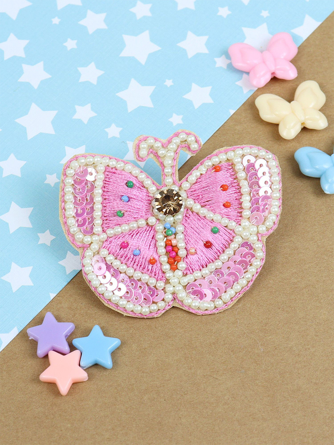 Asthetika Kids Girls Pink  Embellished Alligator Beaded Sequin Butterfly Hair Clip