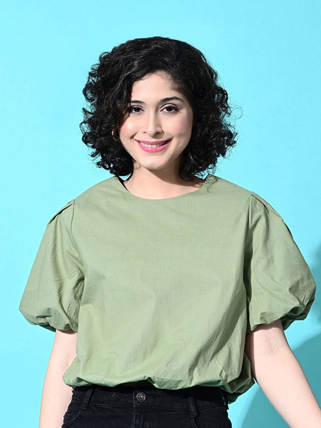 Fuchsia  Womrn Cotton Puff Sleeves Blouson Crop Top