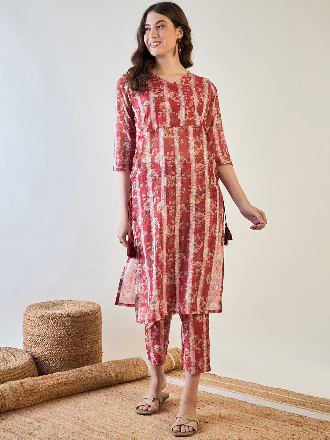 The Kaftan Company Red and beige Striped Tunic With Trousers Co-Ords