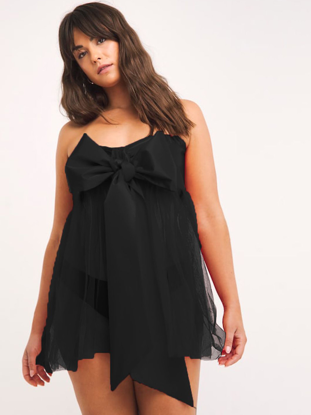 FIMBULWomen Strapless Net Bow Detailed Baby Doll With Brief