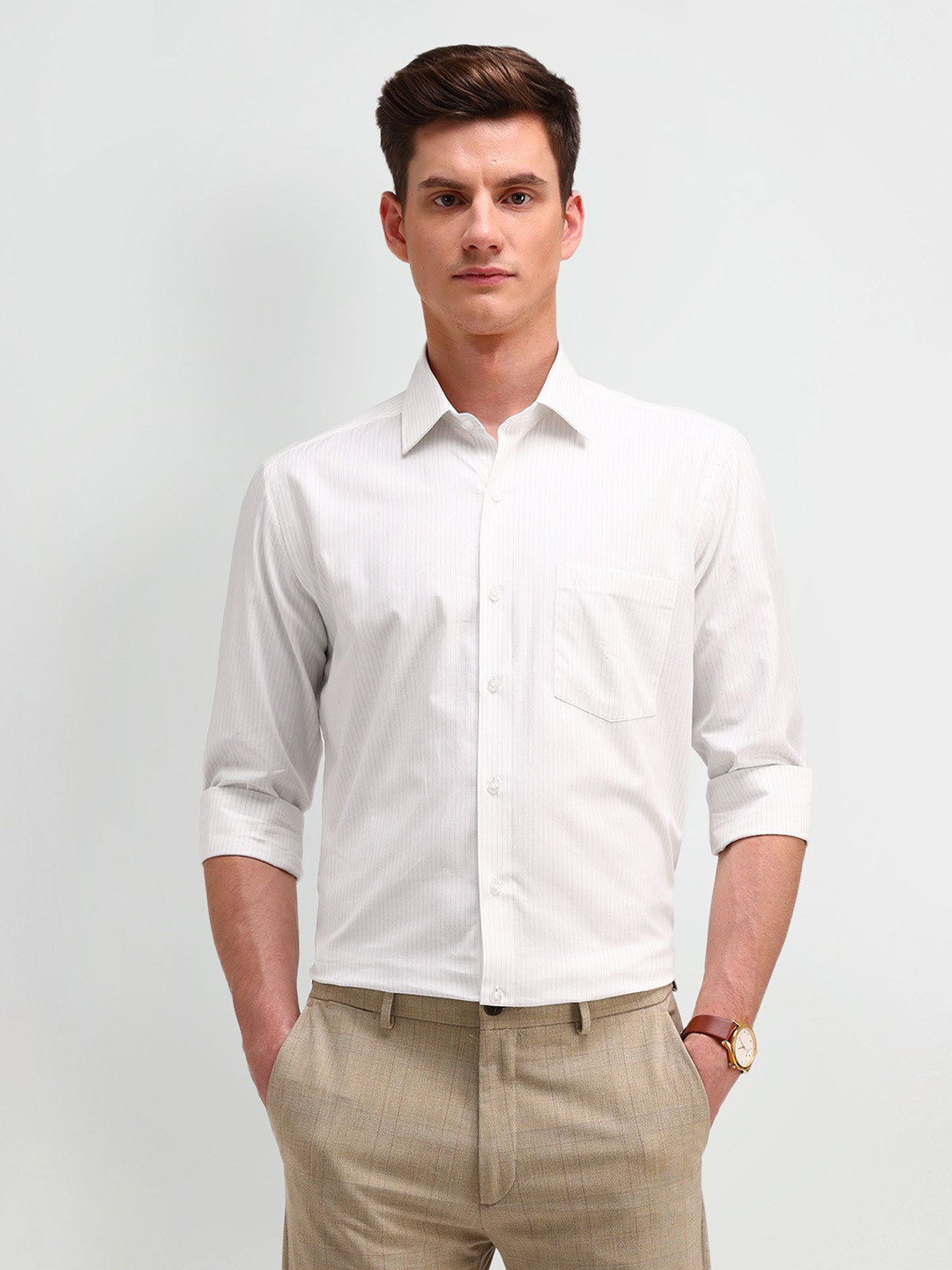 Arrow Men Manhattan Spread Collar Pinstripes Striped Cotton Slim Fit Formal Shirt