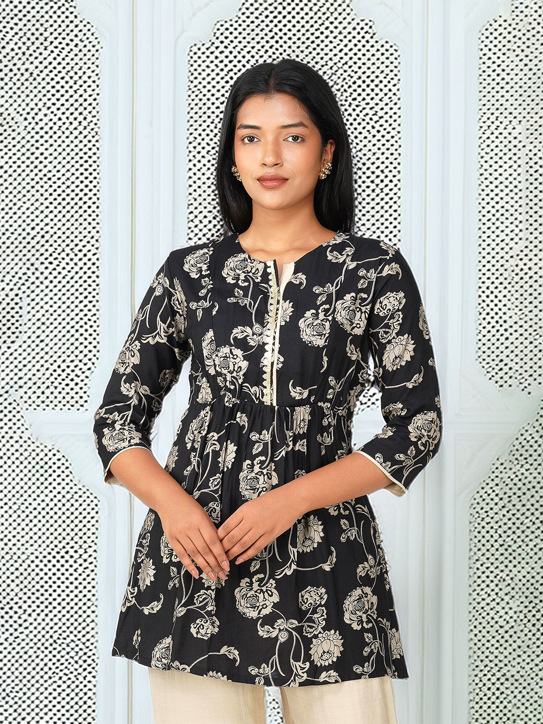 Bindigasm Women Floral Printed Ethnic Peplum Longline Top with Sequin Work