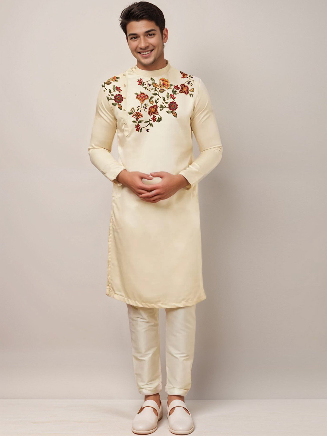 DEVOILER Beige Floral Printed Mandarin Collar Regular Cotton Straight Kurta