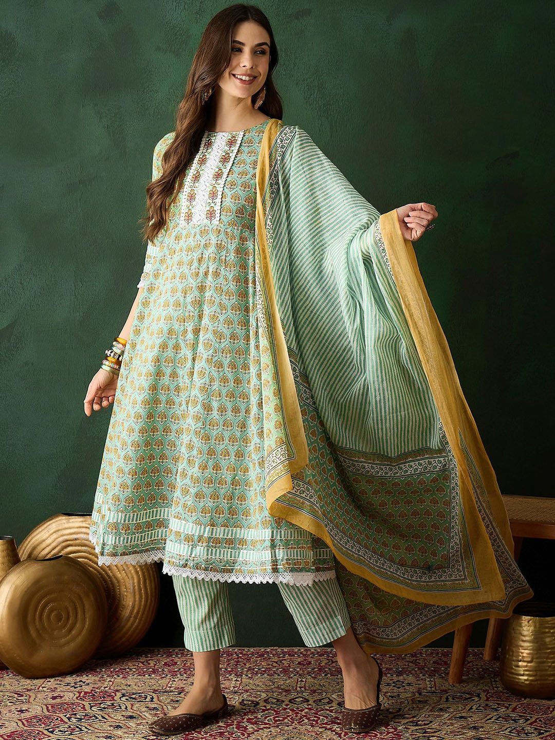 Sangria Green and Yellow Floral Printed Pure Cotton A-Line Kurta &Trousers With Dupatta
