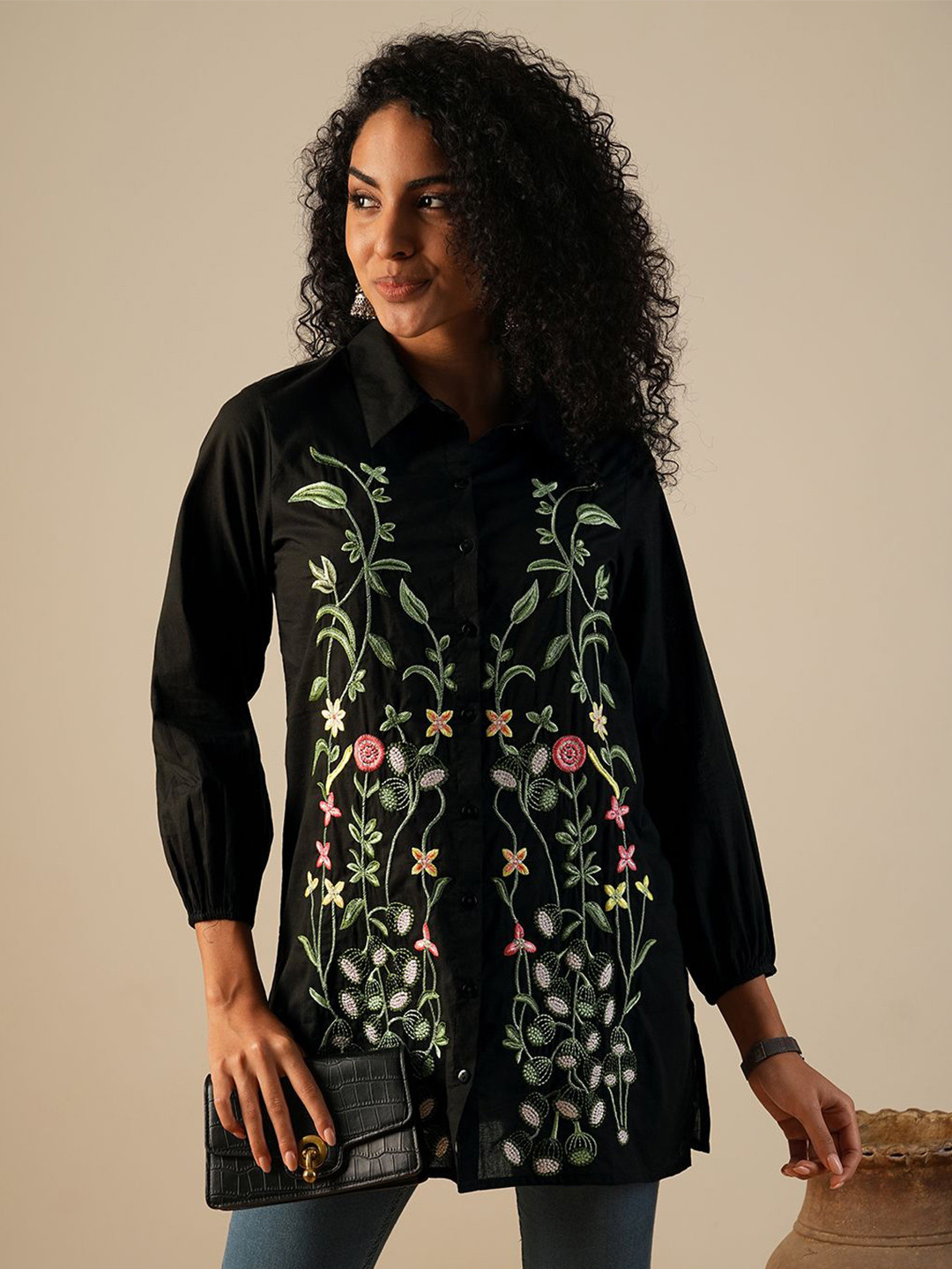 Globus Shirt Collar Bishop Sleeves Floral Embroidered A-Line Fusion Tunic