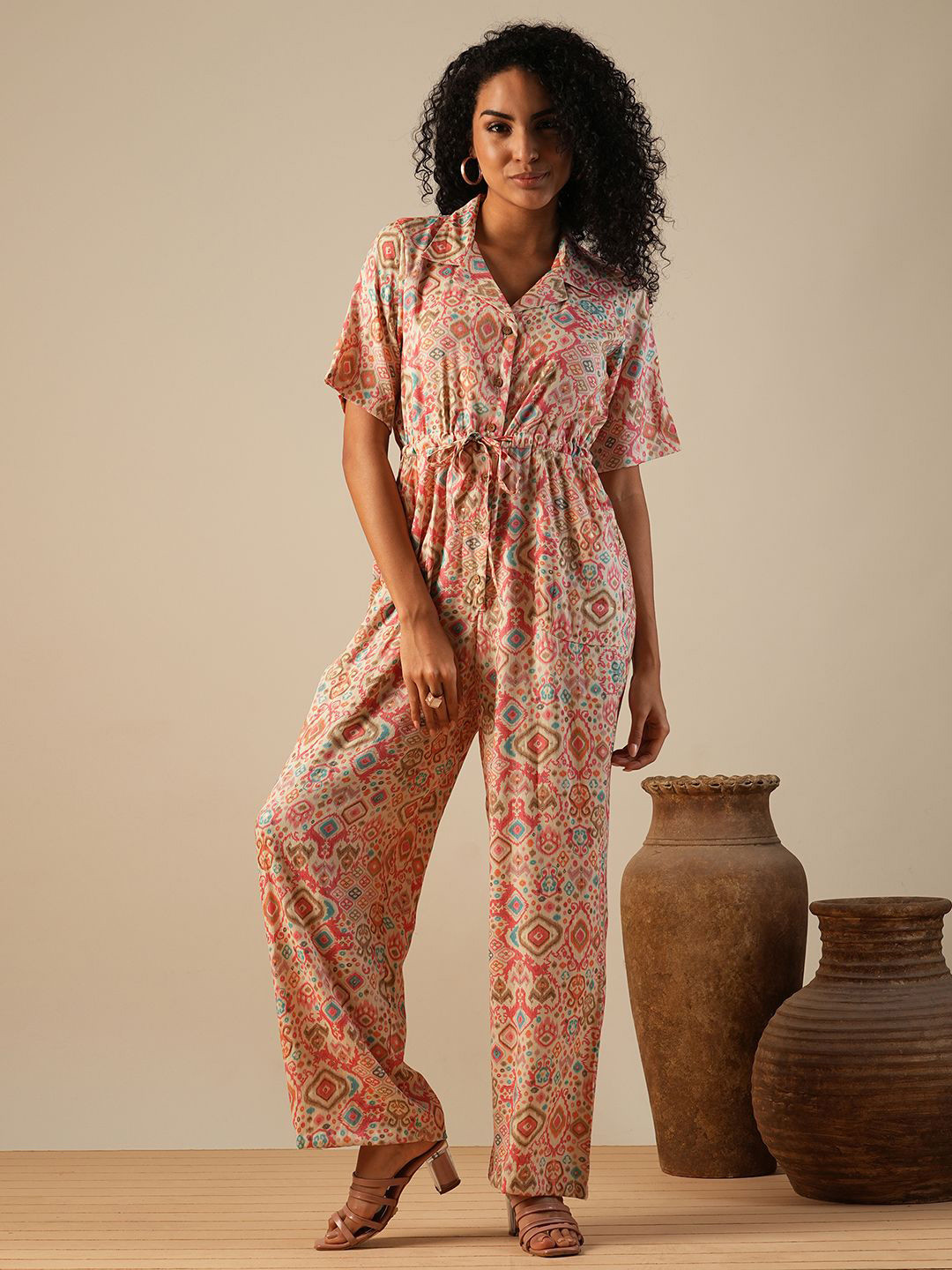 Globus Cuban Collar Geometric Print Waist Tie-Ups Fusion Jumpsuit