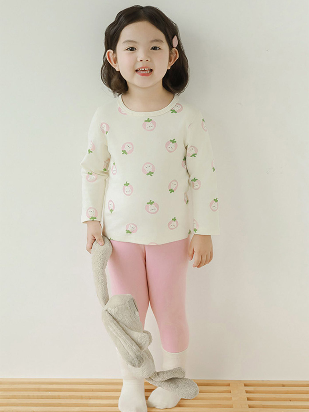 LULU & SKY Girls White and Pink Printed Round Neck Full Sleeves Nightdress