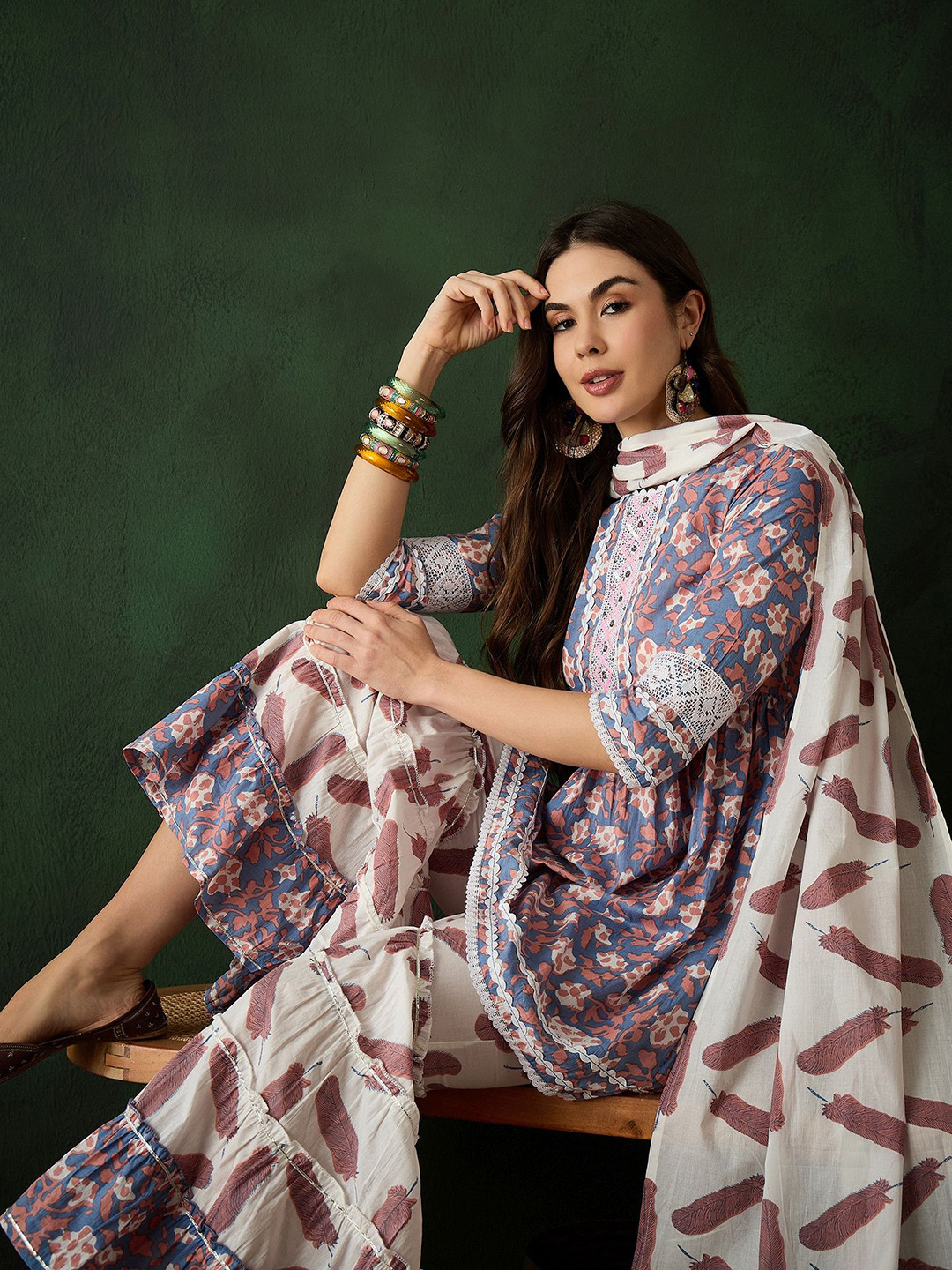 Sangria Charcoal and Mauve Printed Pure Cotton Kurta & Sharara With Dupatta