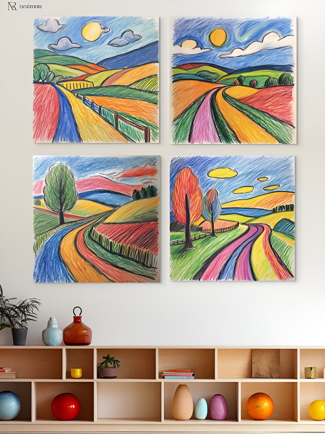 nestroots Blue & Yellow 4 Pieces Serene Path Through Lush Landscape Canvas Wall Art