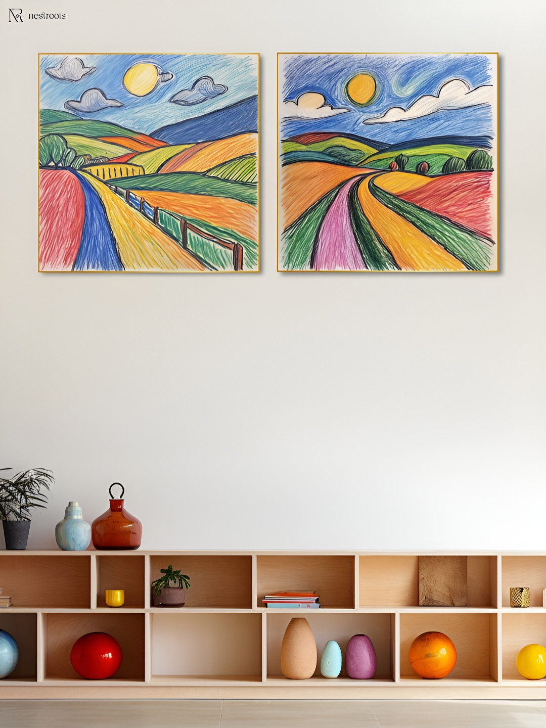 nestroots Crayon Hand Drawn Canvas 2 Piece Wall Square Paintings Wall Art -24 x 24In