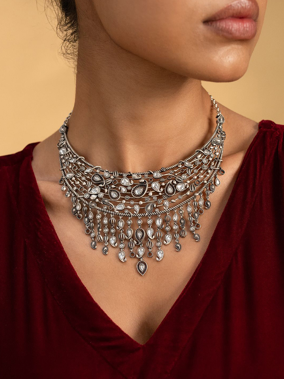 SHAYA Chham Chham 925 Sterling Silver Oxidised Stone Studded Necklace