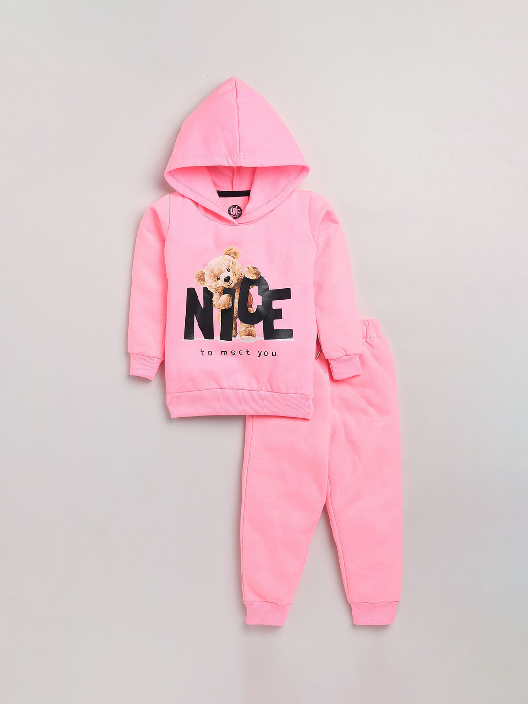 YK Girls Pink Bear Print Hooded Sweatshirt & Jogger Set