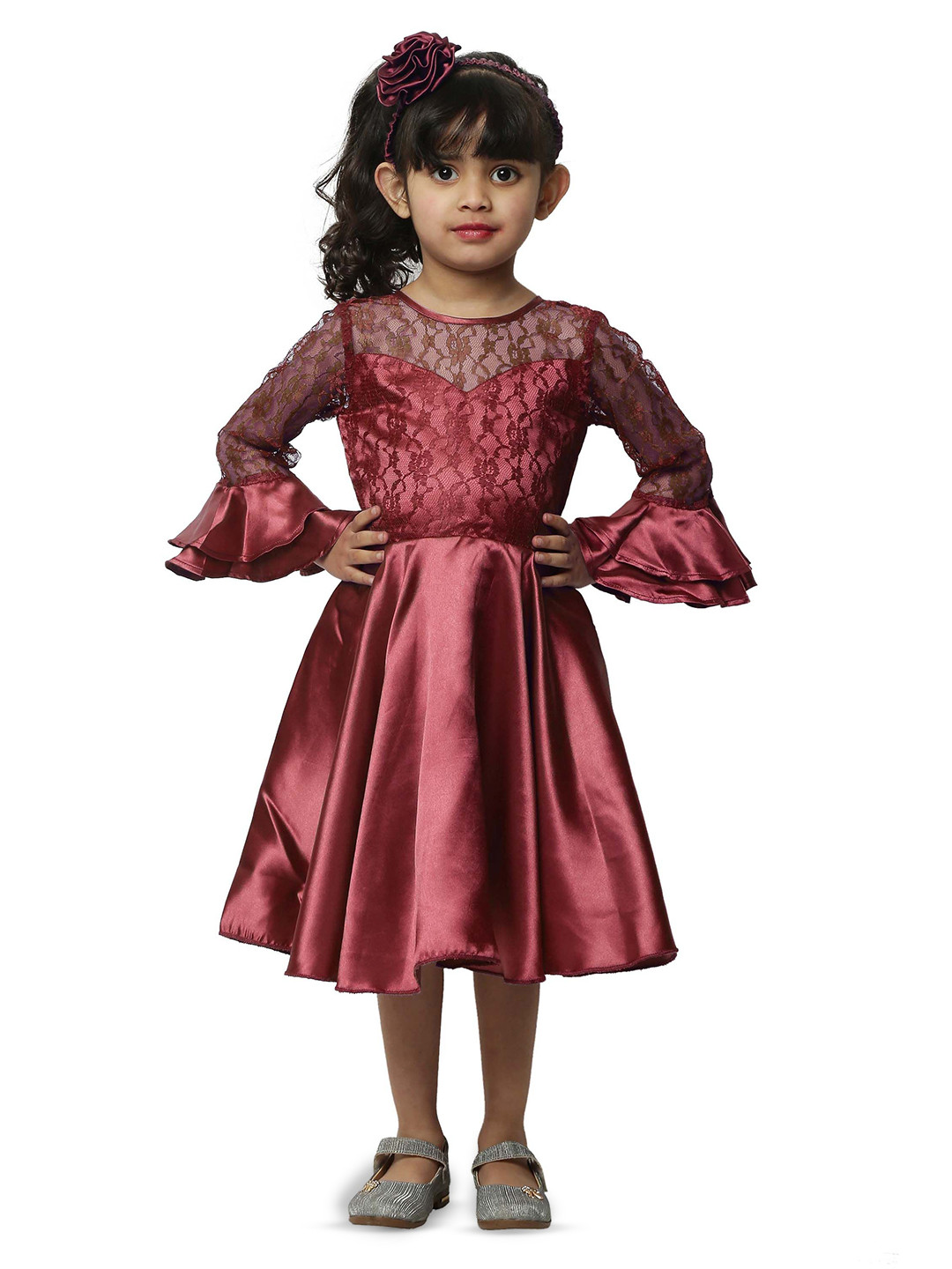 Wish little Girls Satin Bell Sleeves Fit and Flare Dress