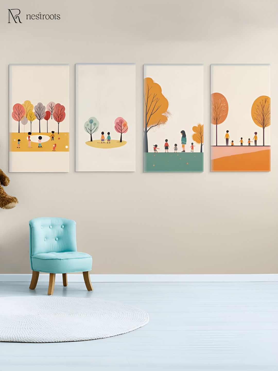 nestroots Cream-Coloured & Mustard 4 Pieces Children's Joyful Outdoor Playtime Wall Arts