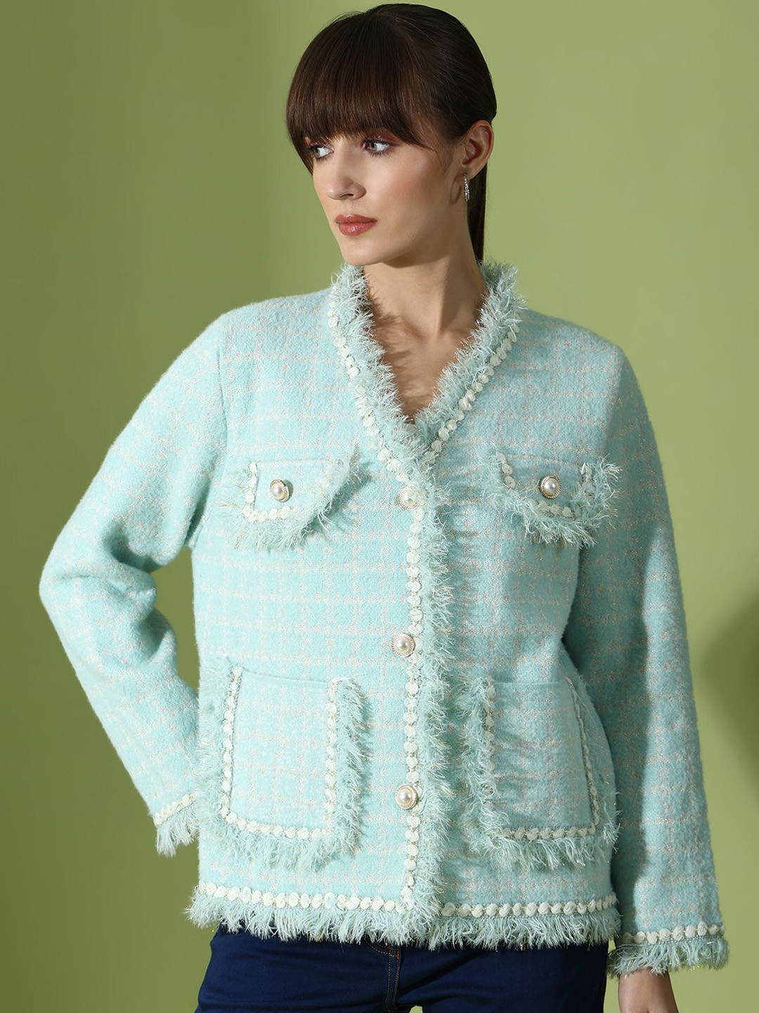 KALINI Self-Design Peaked Lapel Comfort Fit Woollen Coat