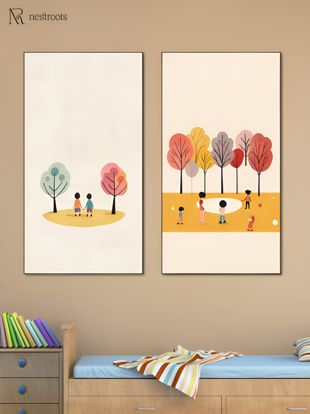 nestroots Children's Joyful Canvas 2 Piece Wall Rectangle Paintings Wall Art -48 x 24In