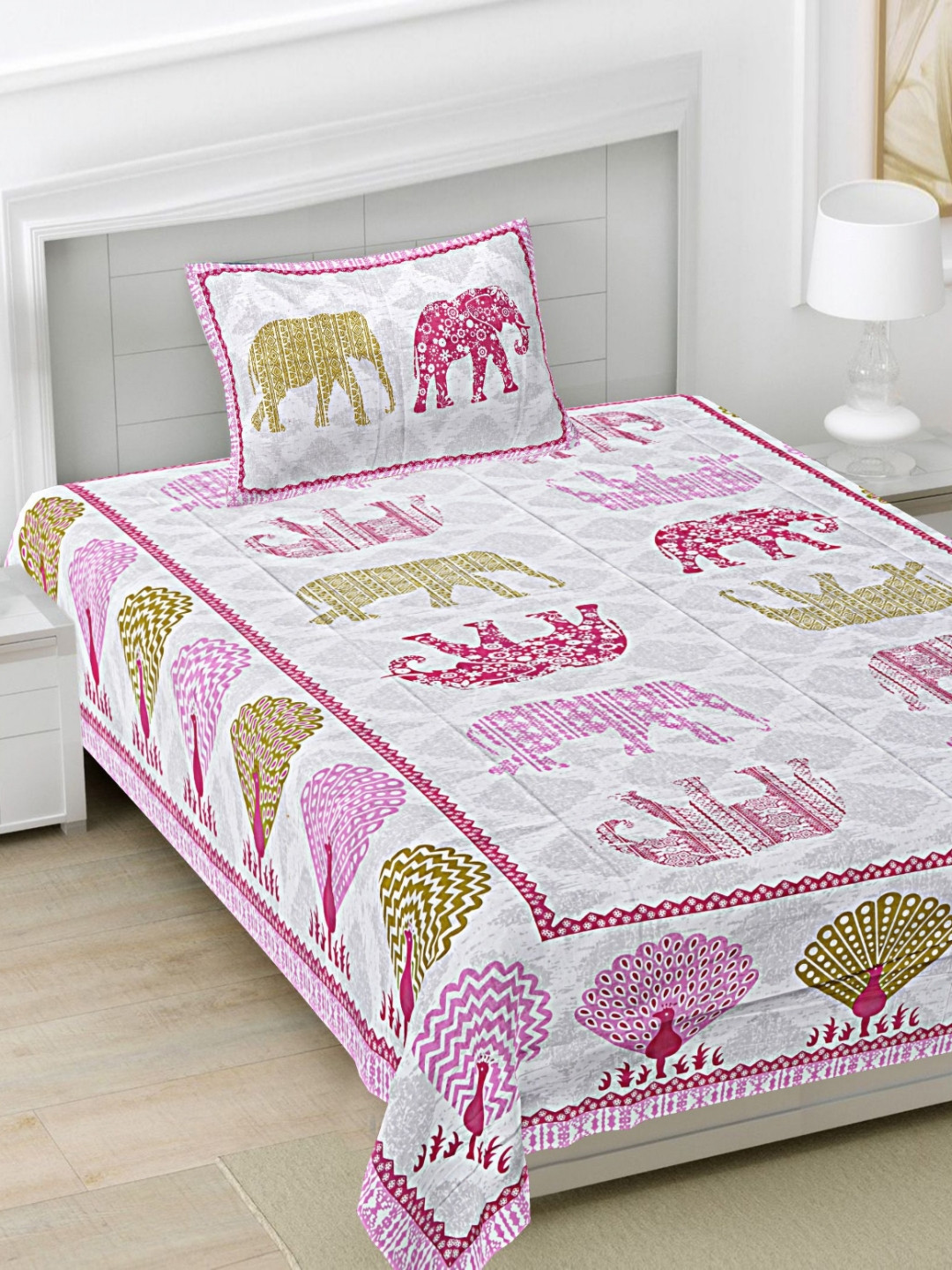FrionKandy Living Jaipur White Animal Cotton Breathable 180 TC Single Fine Bedsheet with a Pillow Cover-90 x 60 inches
